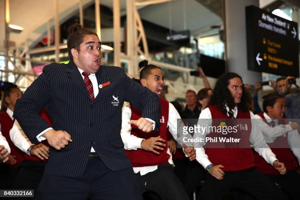 The Black Ferns are welcomed with a haka as they arrive at Auckland International Airport on August 29, 2017 in Auckland, New Zealand. New Zealand...