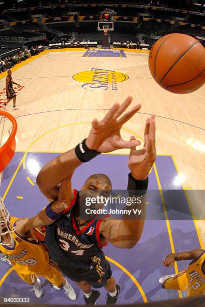 Richard Hendrix of the Bakersfield Jam reaches for the ball during the game against the Los Angeles D-Fenders at Staples Center on December 14, 2008...