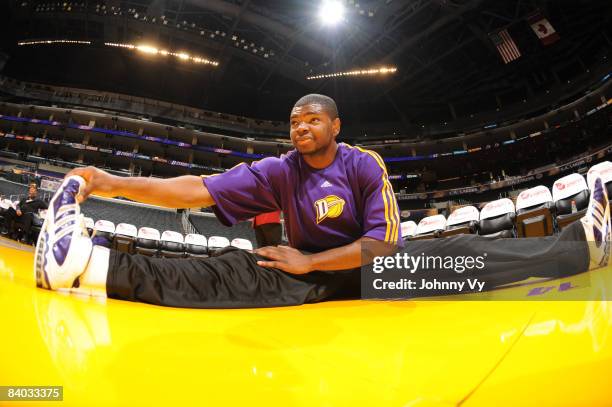 Darren Cooper of the Los Angeles D-Fenders stretches before taking on the Bakersfield Jam at Staples Center on December 14, 2008 in Los Angeles,...