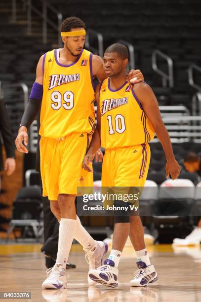 Rashid Byrd and Darren Cooper of the Los Angeles D-Fenders walk off the court during their game against the Bakersfield Jam at Staples Center on...