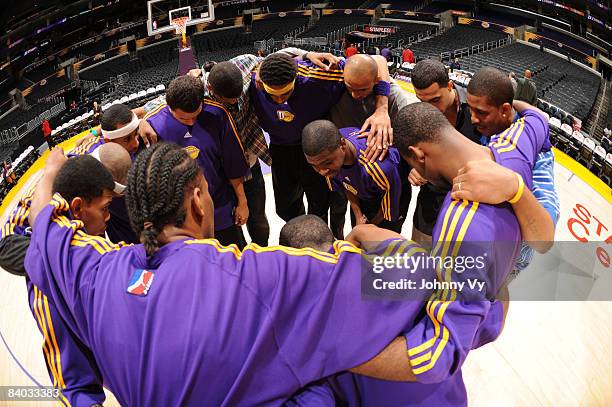 The Los Angeles D-Fenders huddle together before taking on the Bakersfield Jam at Staples Center on December 14, 2008 in Los Angeles, California....
