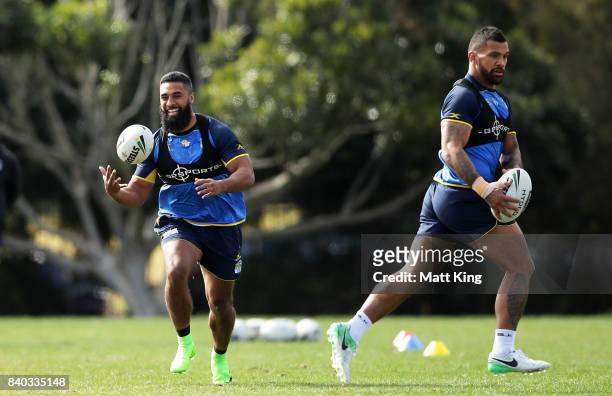 Michael Jennings of the Eels handles the ball during a Parramatta Eels NRL training session at Old Saleyards Reserve on August 29, 2017 in Sydney,...