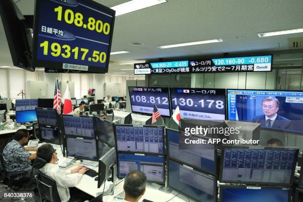 Quotation board flashes the foreign exchange rate against the US dollar and the Nikkei 225 key index of the Tokyo Stock Exchange at a foreign...