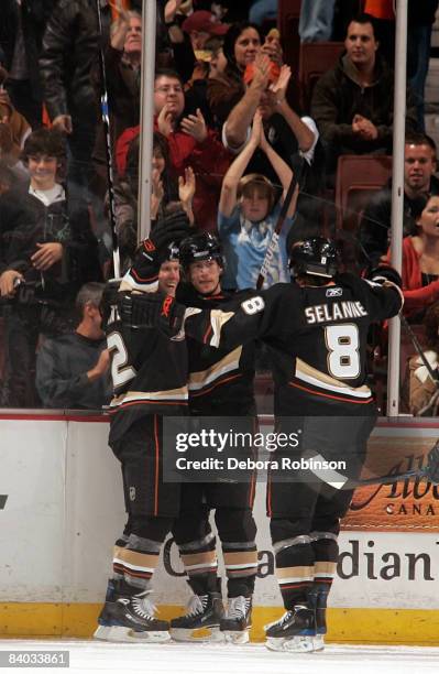 The Anaheim Ducks celebrate a second period goal from teammate Brendan Morrison the game against the Minnesota Wild on December 14, 2008 at Honda...