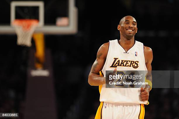 Kobe Bryant of the Los Angeles Laker smiles while backpedaling on defense against the Minnesota Timberwolves at Staples Center on December 14, 2008...