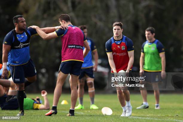 Mitchell Moses of the Eels shapes to kick during a Parramatta Eels NRL training session at Old Saleyards Reserve on August 29, 2017 in Sydney,...