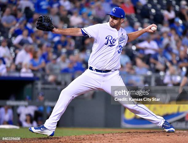 Kansas City Royals relief pitcher Brian Flynn throws in the fourth inning during Monday's baseball game against the Tampa Bay Rays Aug. 28, 2017 at...