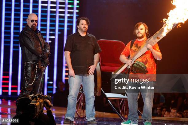 Musician Rob Halford, game designer Tim Schafer, and host Jack Black speak onstage at Spike TV's 2008 "Video Game Awards" held at Sony Pictures'...