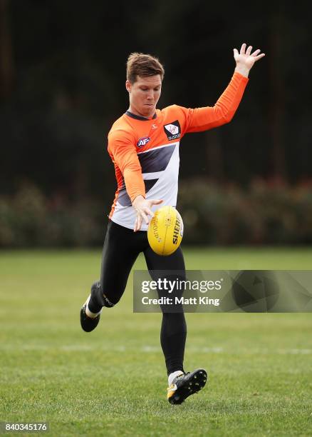 Toby Greene of the Giants kicks during a Greater Western Sydney Giants AFL training session at WestConnex Centre on August 29, 2017 in Sydney,...