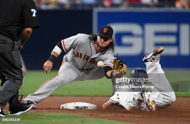 Wil Myers of the San Diego Padres is tagged out by Brandon Crawford of the San Francisco Giants as he tries to steal second base during the second...