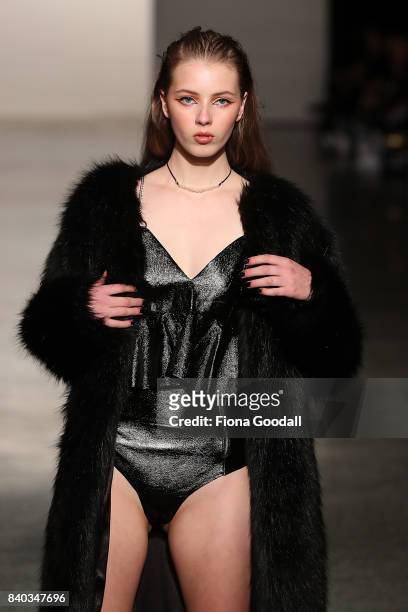 Model showcases designs by GEOJ Official in the New Generation on the runway at New Zealand Fashion Week 2017 on August 29, 2017 in Auckland, New...