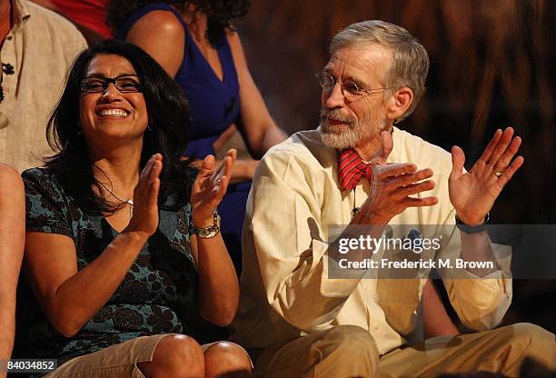 Survivor Gabon: Earth's Last Eden" winner Bob Crowley and contestant Susie Smith celebrate during the finale and reunion show at CBS Television City...