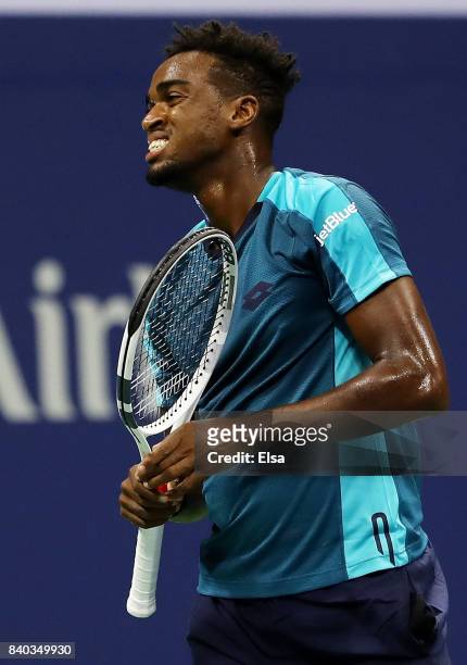 Darian King of Barbados reacts against Alexander Zverev Jr. Of Germany during their first round Men's Singles match on Day One of the 2017 US Open at...