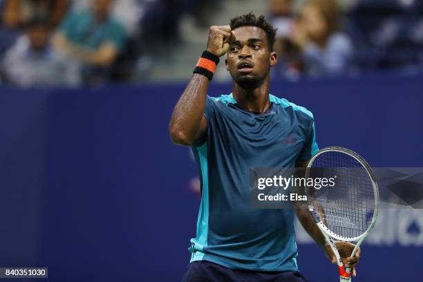 Darian King of Barbados reacts against Alexander Zverev Jr. Of Germany during their first round Men's Singles match on Day One of the 2017 US Open at...