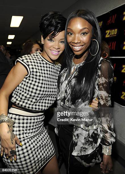Rihanna and Brandy pose backstage during Z100's Jingle Ball 2008 Presented by H&M at Madison Square Garden on December 12, 2008 in New York City....