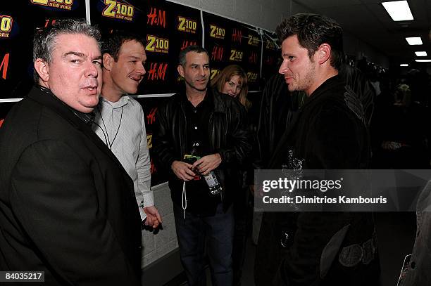 S Elvis Duran and Froggy with Nick Lachey backstage during Z100's Jingle Ball 2008 Presented by H&M at Madison Square Garden on December 12, 2008 in...