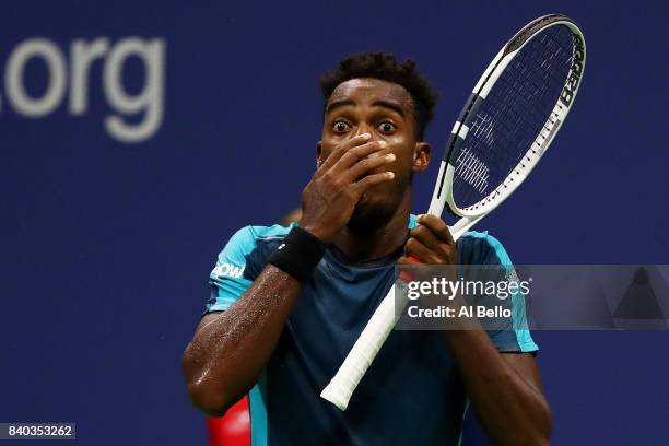 Darian King of Barbados reacts against Alexander Zverev Jr. Of Germany during their first round Men's Singles match on Day One of the 2017 US Open at...