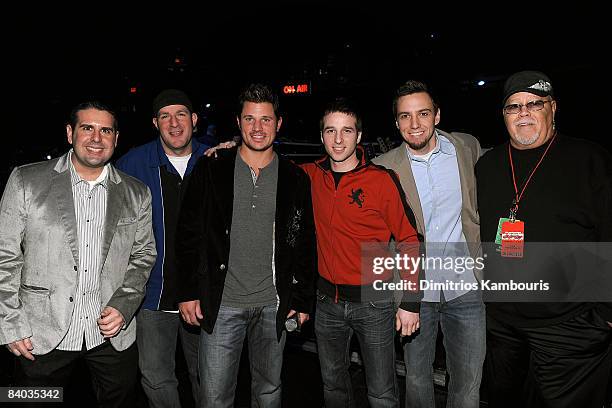 Singer Nick Lachey with Z100 DJ's Skeery Jones, JJ, Phil Kross, Trey Morgan and John Bell pose backstage during Z100's Jingle Ball 2008 Presented by...