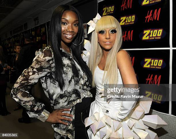 Brandy and Lady GaGa pose backstage during Z100's Jingle Ball 2008 Presented by H&M at Madison Square Garden on December 12, 2008 in New York City....