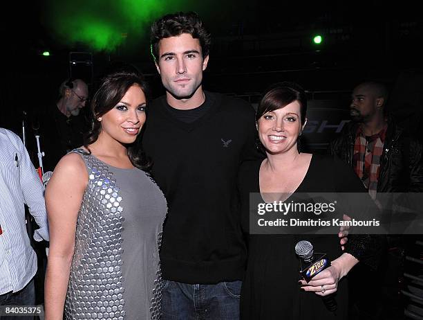 Personality Brody Jenner poses backstage with Z100 DJ's Carolina Bermudez and Danielle Monaro during Z100's Jingle Ball 2008 Presented by H&M at...