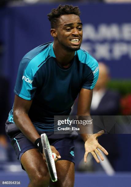 Darian King of Barbados reacts against Alexander Zverev Jr. Of Germany during their first round Men's Singles match on Day One of the 2017 US Open at...