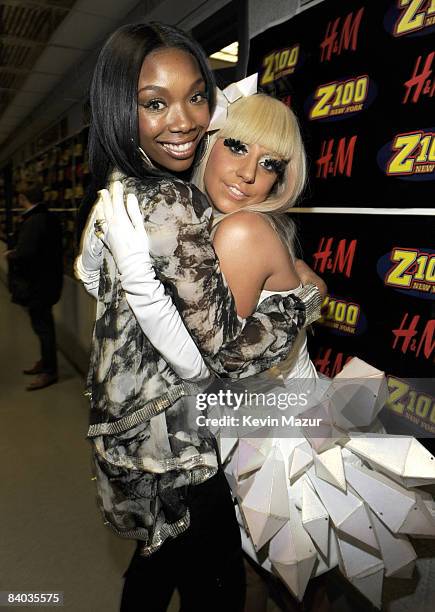 Brandy and Lady GaGa pose backstage during Z100's Jingle Ball 2008 Presented by H&M at Madison Square Garden on December 12, 2008 in New York City....