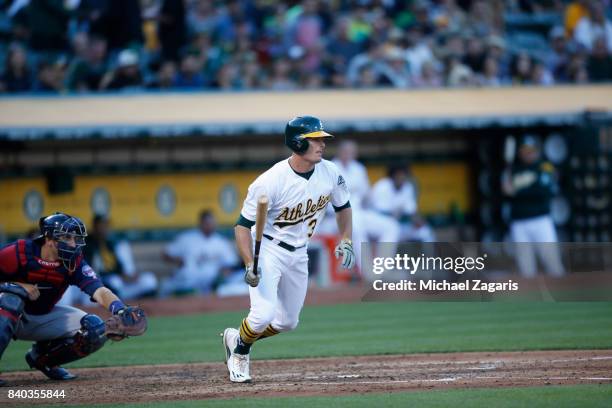 Jaycob Brugman of the Oakland Athletics bats during the game against the Minnesota Twins at the Oakland Alameda Coliseum on July 29, 2017 in Oakland,...