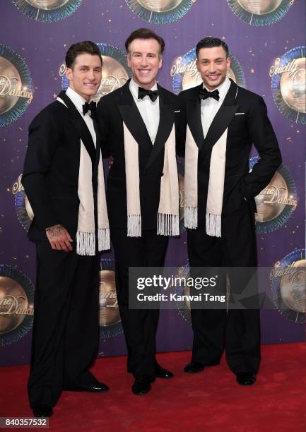 Dancers Gorka Marquez, Anton Du Beke and Giovanni Pernice attend the 'Strictly Come Dancing 2017' red carpet launch at Broadcasting House on August...