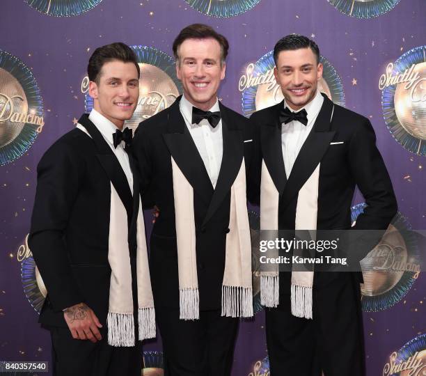 Dancers Gorka Marquez, Anton Du Beke and Giovanni Pernice attend the 'Strictly Come Dancing 2017' red carpet launch at Broadcasting House on August...