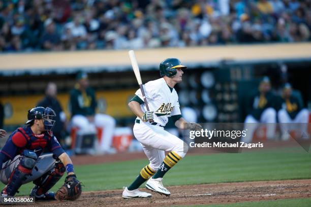 Jaycob Brugman of the Oakland Athletics bats during the game against the Minnesota Twins at the Oakland Alameda Coliseum on July 29, 2017 in Oakland,...