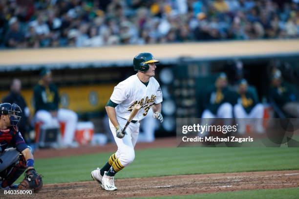 Jaycob Brugman of the Oakland Athletics bats during the game against the Minnesota Twins at the Oakland Alameda Coliseum on July 29, 2017 in Oakland,...