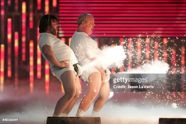 Host Jack Black and Kyle Gass of musical group 'Tenacious D' perform on stage at Spike TV's 2008 Video Game Awards at Sony Picture Studios on...