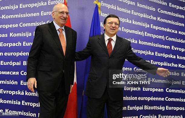 European Commission President Jose Manuel Barroso welcomes Swiss President Pascal Couchepin prior to their bilateral meeting at the EU headquarters...
