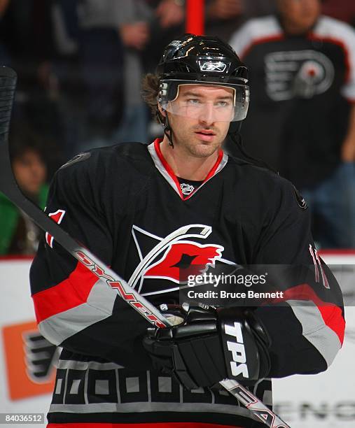 Justin Williams of the Carolina Hurricanes skates in warmups prior to his game against the Philadelphia Flyers on December 11, 2008 at the Wachovia...