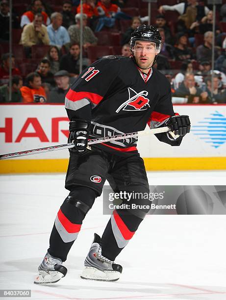 Justin Williams of the Carolina Hurricanes skates against the Philadelphia Flyers on December 11, 2008 at the Wachovia Center in Philadelphia,...