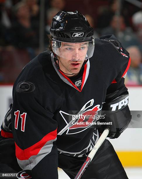 Justin Williams of the Carolina Hurricanes skates against the Philadelphia Flyers on December 11, 2008 at the Wachovia Center in Philadelphia,...