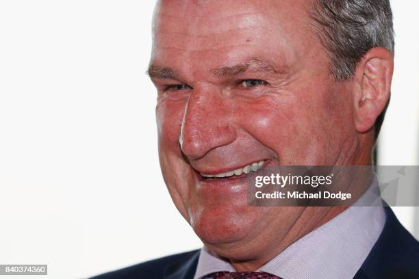 Trainer Darren Weir speaks during the Melbourne Cup & Caulfield Cup Nominations Announcement at Eureka Tower on August 29, 2017 in Melbourne,...