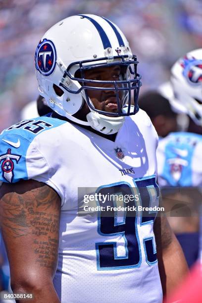 Angelo Blackson of the Tennessee Titans watches from the sideline during a game against the Chicago Bears at Nissan Stadium on August 27, 2017 in...