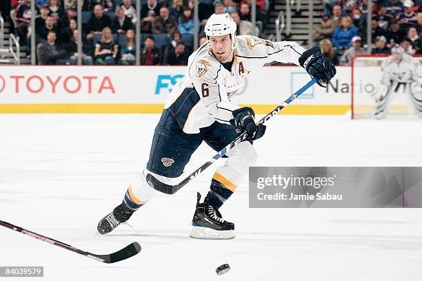 Defenseman Shea Weber of the Nashville Predators passes the puck against the Columbus Blue Jackets on December 11, 2008 at Nationwide Arena in...