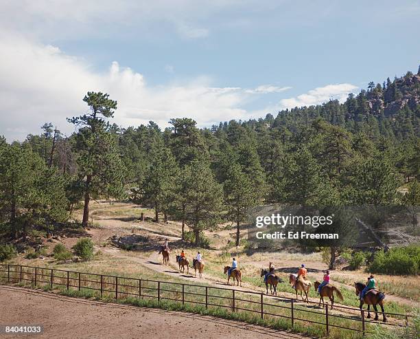 tourists on horseback - estes park stock pictures, royalty-free photos & images