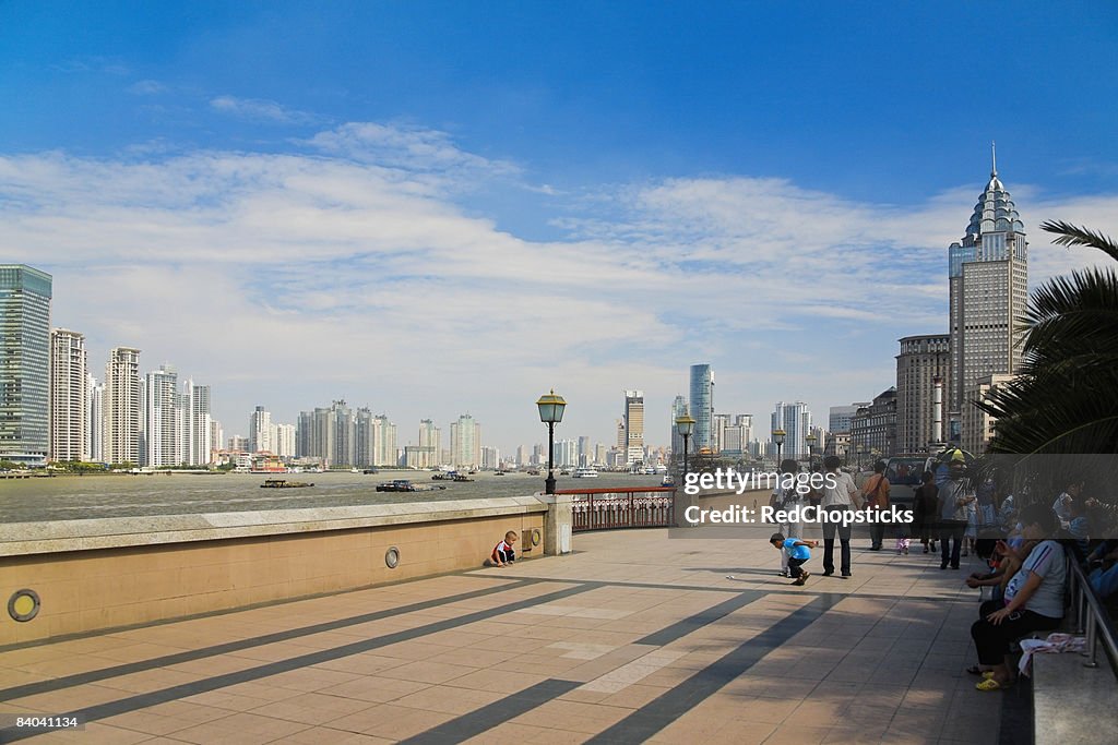 Group of people walking on the road, Lujiazui, The Bund, Shanghai, China