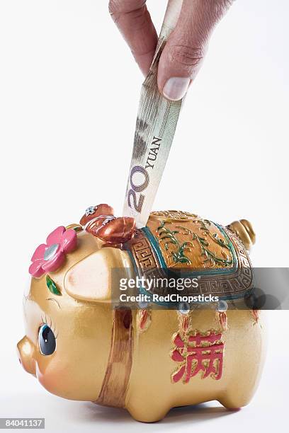 close-up of a person's hand putting paper currency into a piggy bank - 20 yuan note stock pictures, royalty-free photos & images