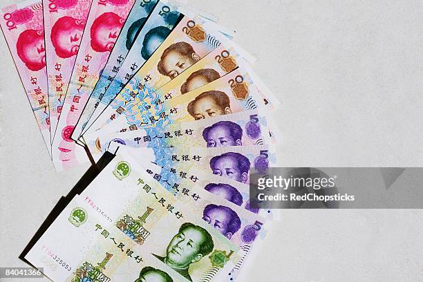 high angle view of chinese yuan notes - 20 yuan note stock pictures, royalty-free photos & images
