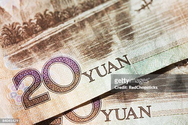 close-up of a chinese paper currency - 20 yuan note stock pictures, royalty-free photos & images