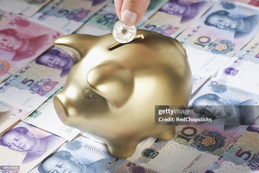 Close-up of a person's hand putting coin into a piggy bank