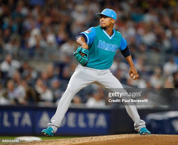 Pitcher Ariel Miranda of the Seattle Mariners pitches in an MLB baseball game against the New York Yankees on August 25, 2017 at Yankee Stadium in...