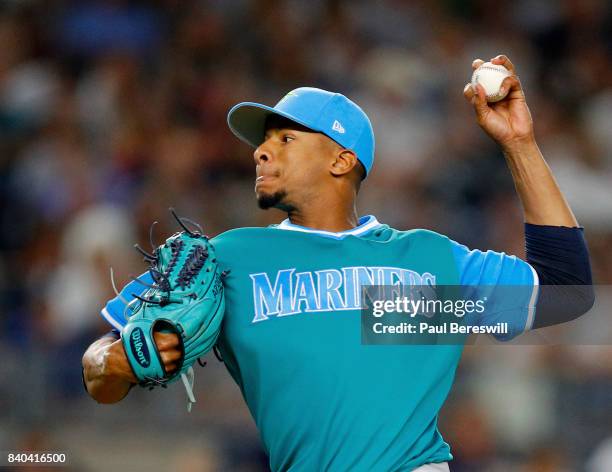 Pitcher Ariel Miranda of the Seattle Mariners pitches in an MLB baseball game against the New York Yankees on August 25, 2017 at Yankee Stadium in...