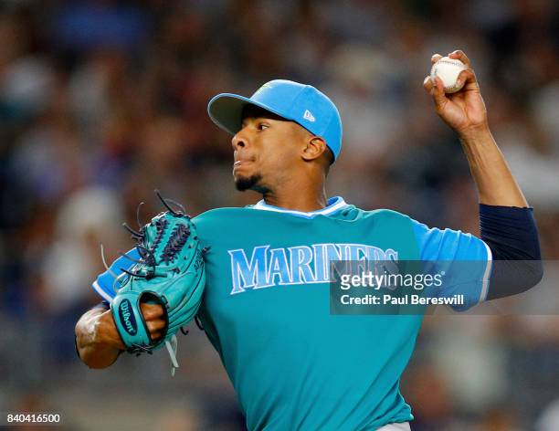 Pitcher Ariel Miranda of the Seattle Mariners pitches in an MLB baseball game against the New York Yankees on August 25, 2017 at Yankee Stadium in...