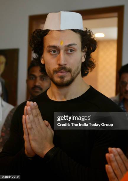 Jackie Shroff, Ayesha Shroff, Tiger and Krishna Shroff during the Ganesh Chaturthi at his residence in Mumbai.