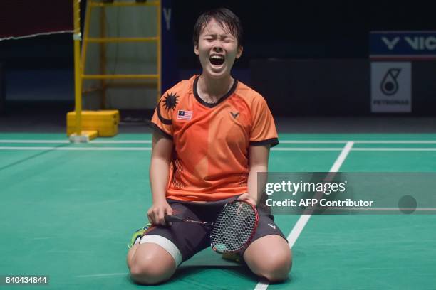 Goh Jin Wei of Malaysia celebrates her victory against Soniia Cheah of Malaysia during the women's singles badminton final at the 29th Southeast...